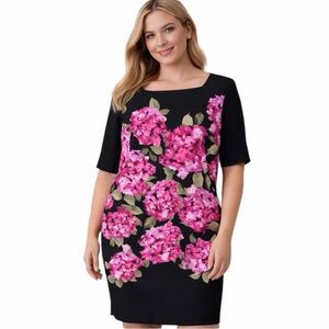 Maison Tara Floral Sheath Dress 16 Black Pink Hydrangea Stretch Wedding Guest